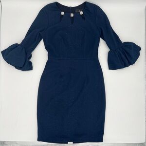 Betsy & Adam Blue Glitter Dress Sz 8 – Retro Glam Bell Sleeves Rhinestone Neck
